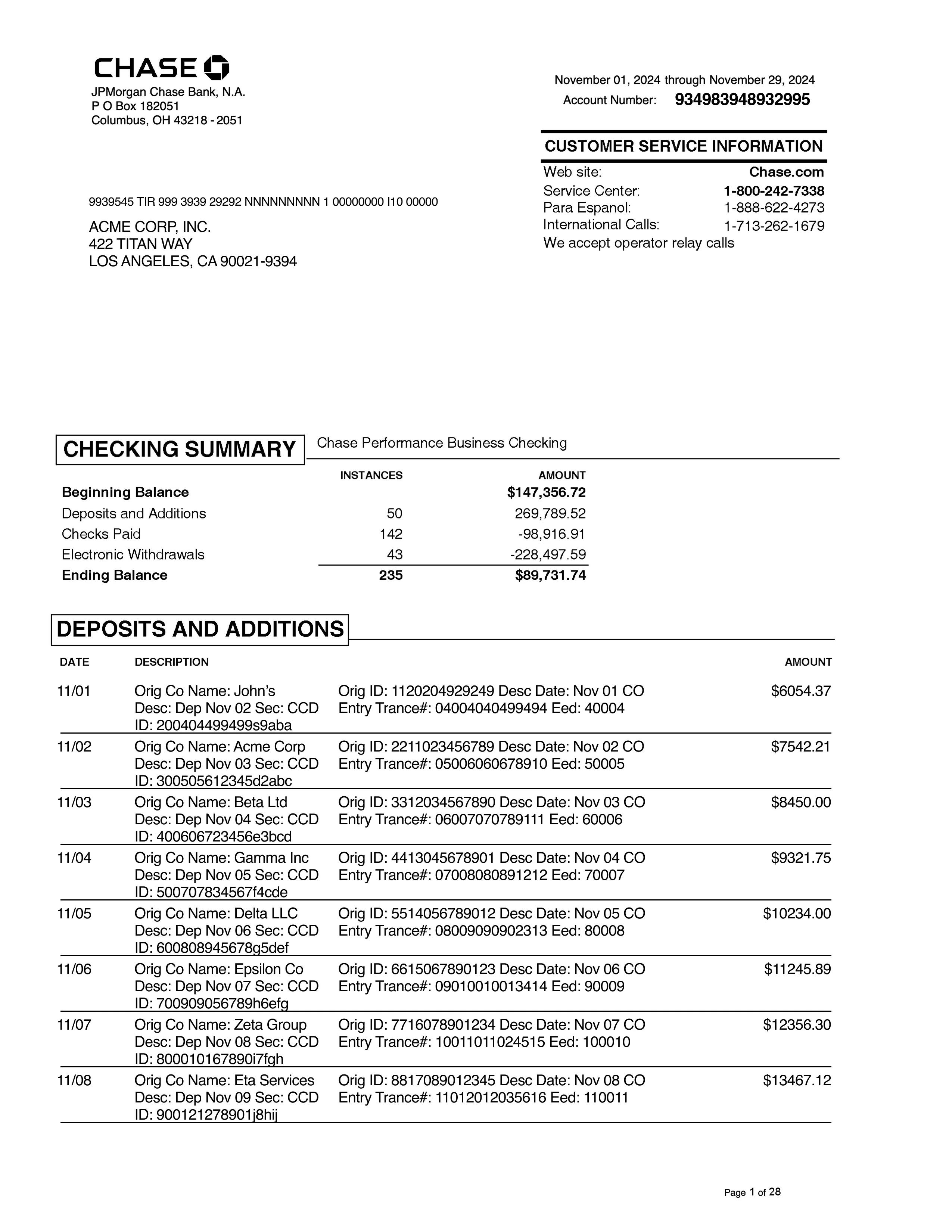 First page of a bank statement